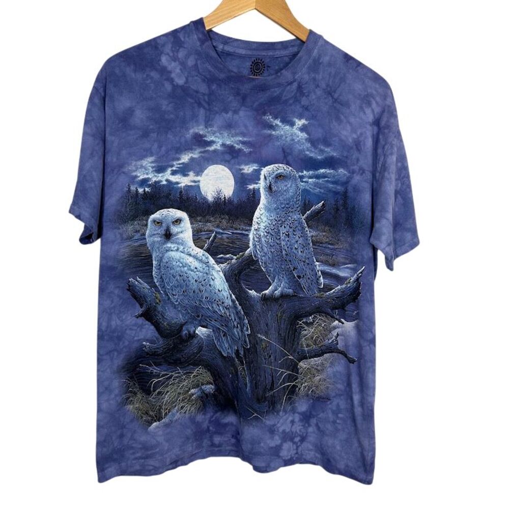 The Mountain Snowy Owl Graphic T-Shirt Mens L Shirt Purple Tie Dye Short Sleeve
